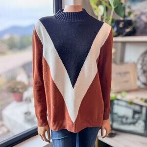Vintage Color-Block Chevron Mock Neck Sweater, Rust/White/Black, Women's Small